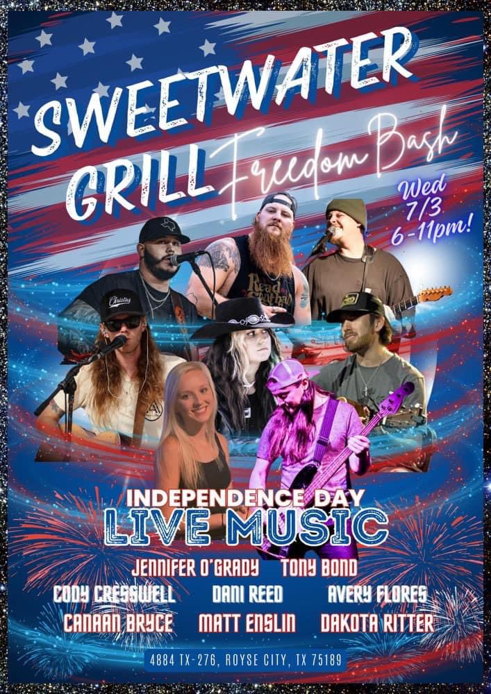 🔥🔥🔥TONIGHT🔥🔥🔥

come kick off this independence day weekend with an absolute party🤘🏼

6-7 Jennifer O’Grady and Tony Bond!

7-9 Cody Cresswell, Dani Reed, and Avery Flores!

9-11 Dakota Ritter, Canaan Bryce, and Matt Enslin!