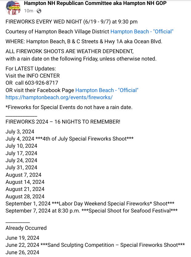 GopHampton's tweet photo. FIREWORKS #hamptonbeachnh WED 9:30pm, 6/19 - 9/7, by B &amp; C Sts &amp; Hwy 1A/Ocean Blvd. Courtesy of @HamptonBeach_NH #hamptonnh #hamptonfallsnh #plaistownh #rockinghamcountynh #nh01 #nhgov #nhseacoast #seacoastnh #NHFireworks #livefreeordienh #nhpolitics #nhsummer #nhveterans #nhyoga https://t.co/SHHLKguKxz