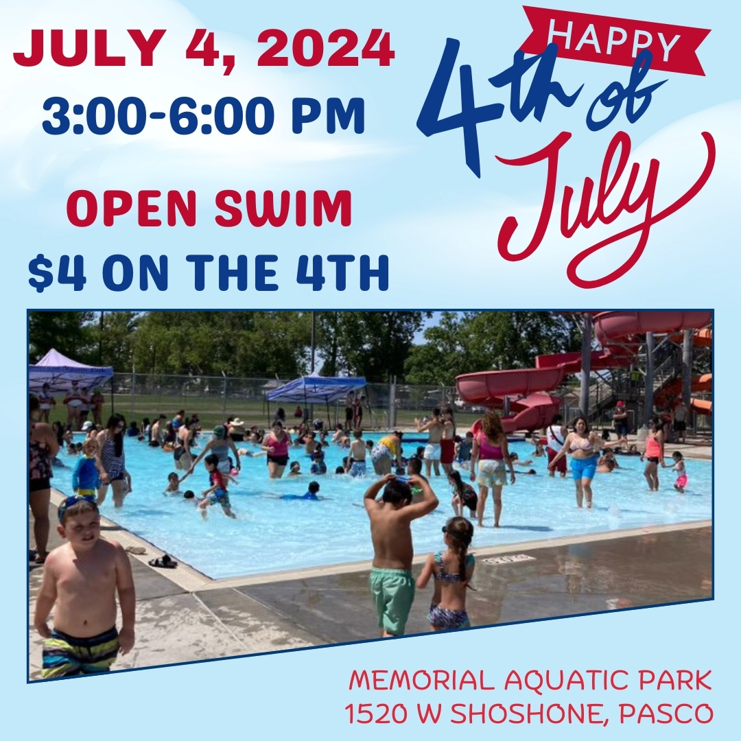 The Memorial Aquatic Park will be open from 3-6 pm on July 4, 2024 for just $4/person. Have a safe and Happy 4th of July!