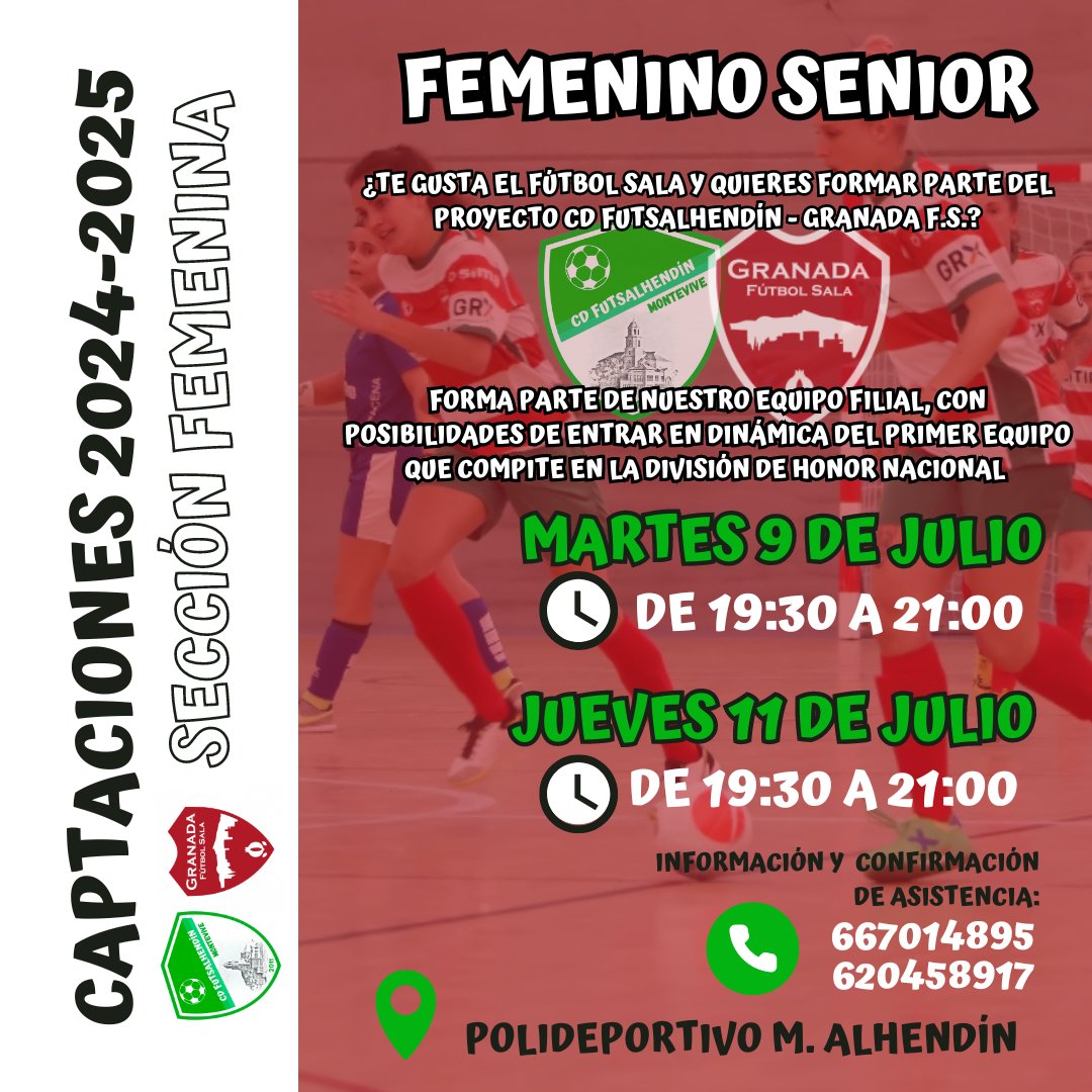 FUTSALHENDIN (@futsalhendin) on Twitter photo ¿Juegas al fútbol sala? ¿Quieres formar parte del proyecto Femenino del CD Futsalhendín y Granada FS? No te lo pienses. ¡Te esperamos en Alhendín los días 9 y 11 de Julio a las 19:30 h!
* Para jugadoras de 16 años en adelante.
<a href="/Ayto_Alhendin/">AyuntamientoAlhendín</a> ¿Juegas al fútbol sala? ¿Quieres formar parte del proyecto Femenino del CD Futsalhendín y Granada FS? No te lo pienses. ¡Te esperamos en Alhendín los días 9 y 11 de Julio a las 19:30 h!
* Para jugadoras de 16 años en adelante.
<a href="/Ayto_Alhendin/">AyuntamientoAlhendín</a>