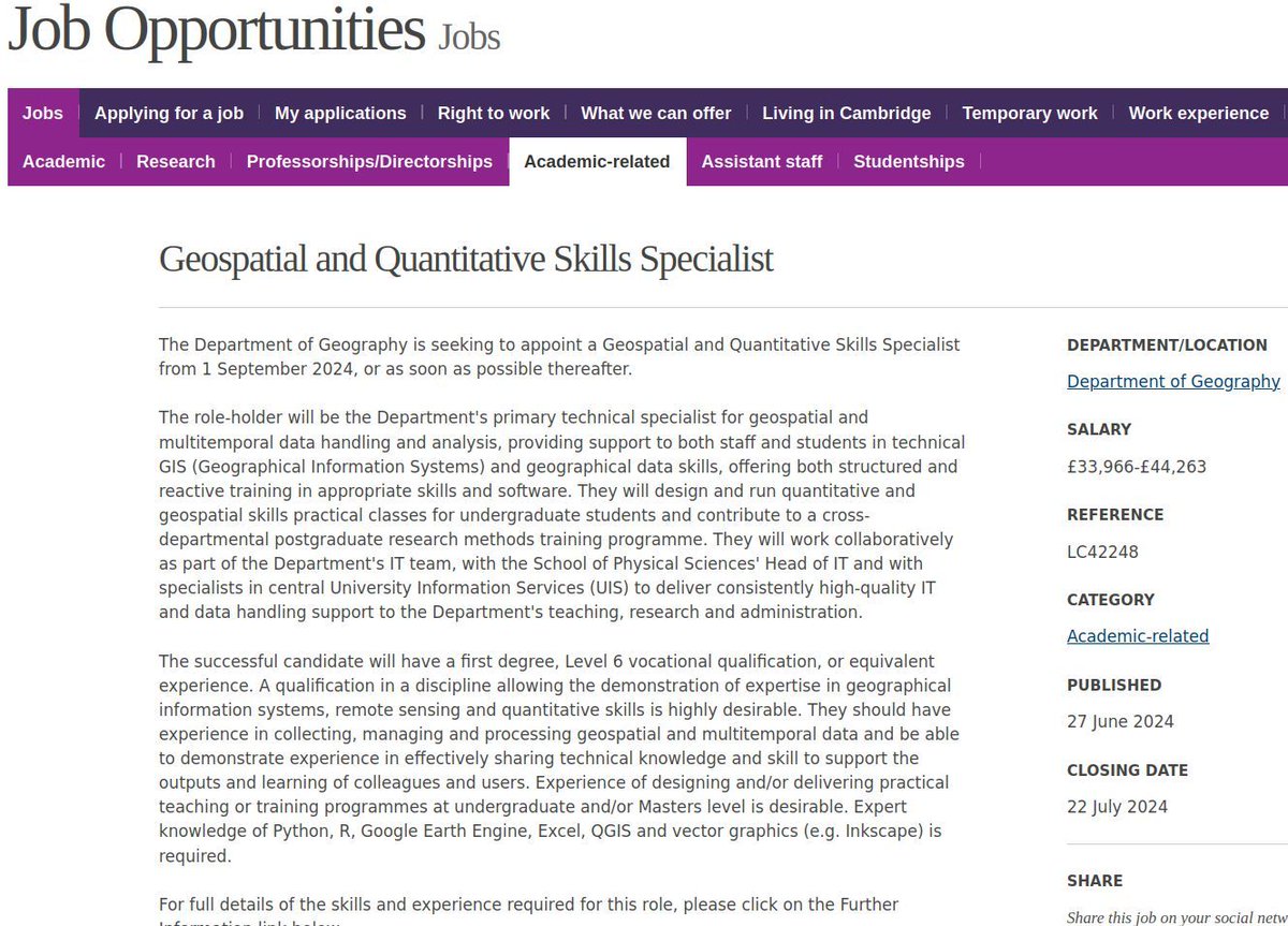 New geospatial post being advertised at Cambridge's Geography Department - a Geospatial and Quantitative Skills Specialist. Good to see use of R / Python for reproducible GIS included, looks set to be a great job, please spread the word!

buff.ly/4buCfrq