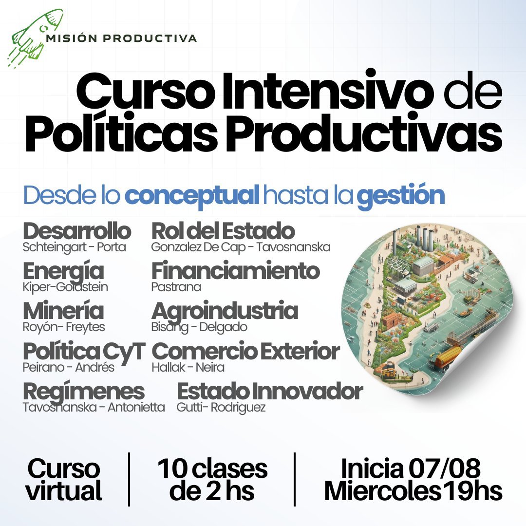 alfiemart's tweet photo. Equipo docente de primer nivel para el Curso Intensivo de Políticas Productivas de @MisionRevista. Experiencia en gestión (en distintas gestiones) y académicos destacados. @FlaviaRoyon en Minería, @roberto_bisang en Agro, @juancahallak en comex, @tavos en regímenes, entre otros. https://t.co/g62LeR6E7X