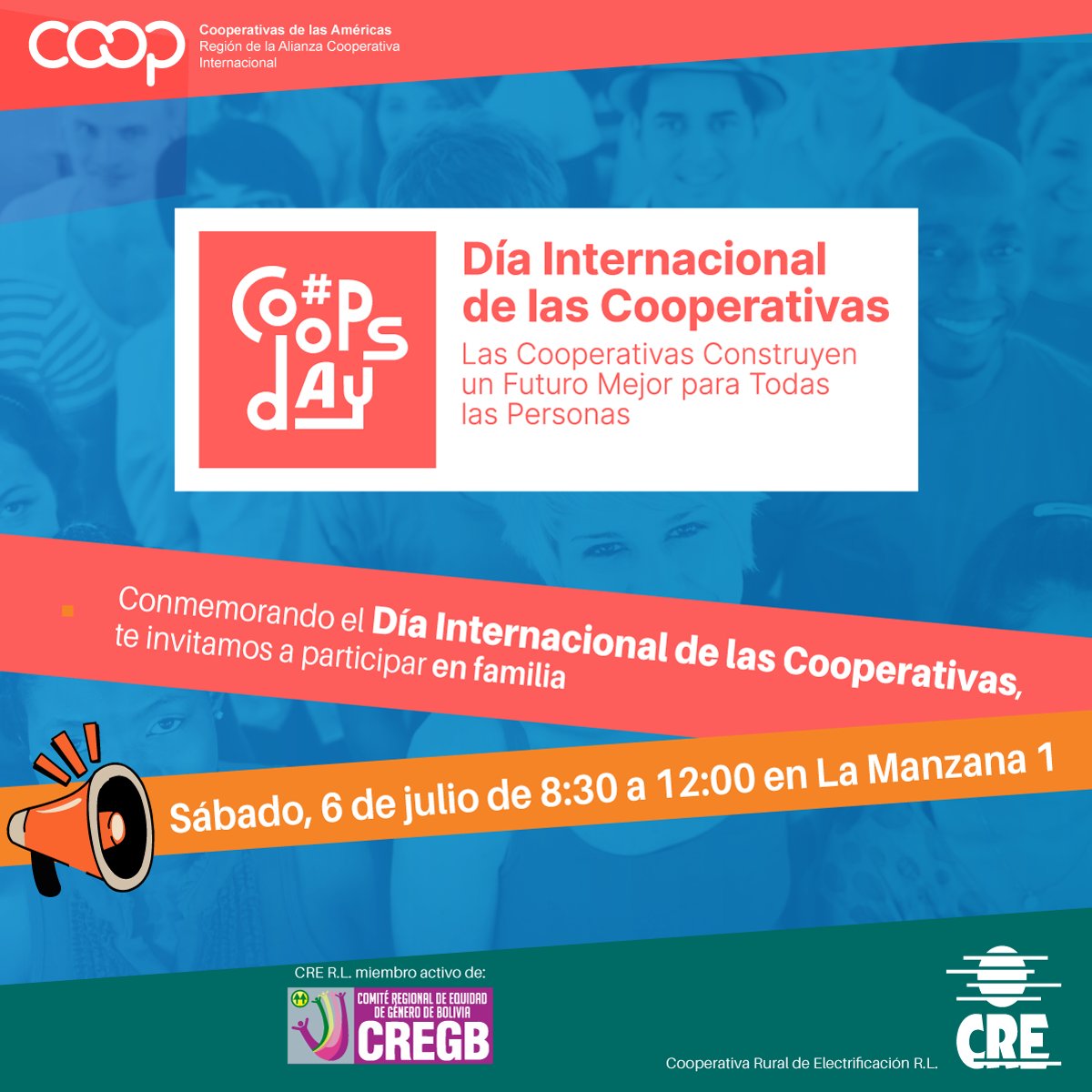CREesSantaCruz's tweet photo. #coopsday 
Celebremos este sábado 6 de julio el Día Internacional de las Cooperativas en la Manzana 1, desde las 8:30.
Es una jornada que se celebra el primer sábado de julio desde 1995. Fue establecida oficialmente en 1992 por la Asamblea General de las Naciones Unidas (AGNU). https://t.co/7PEAKOgrZO