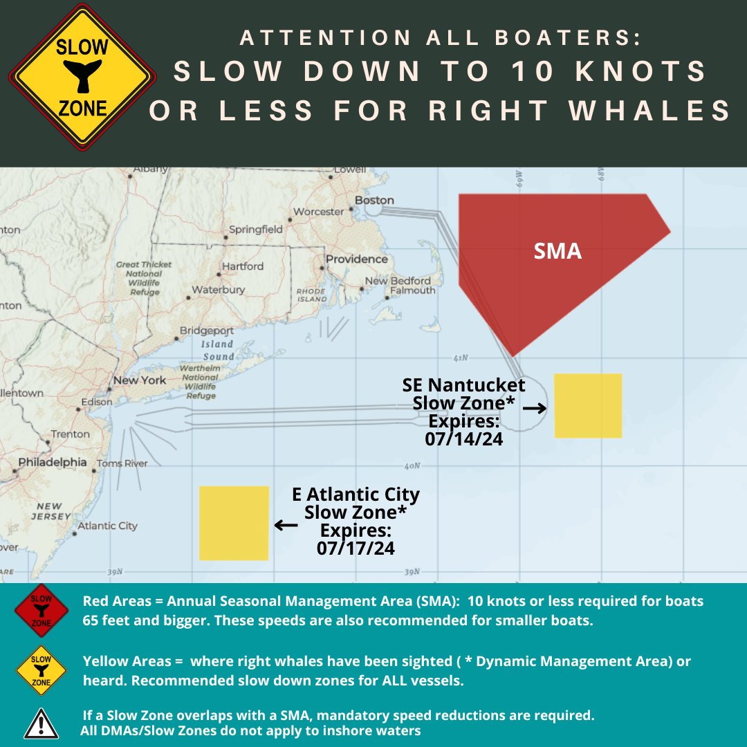 New #RightWhale #SlowZone E Atlantic City, NJ, in effect thru 7/17. Mariners are requested to avoid or transit at 10 kts or less. See map for location of all the Slow Zones. Sign up for alerts here: bit.ly/49AVAXG