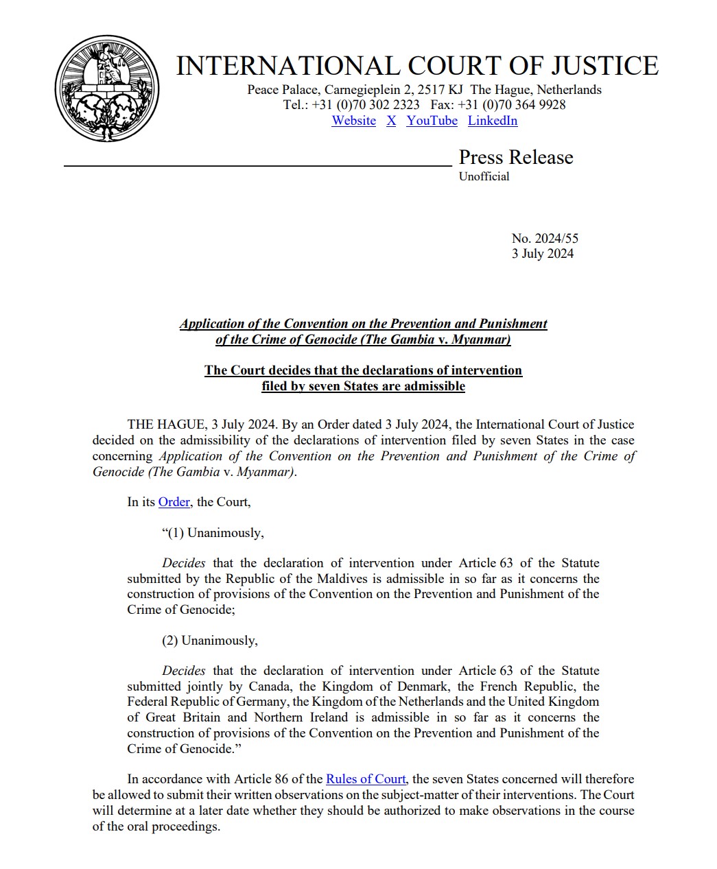 CIJ_ICJ on X: “PRESS RELEASE: by an Order of 3 July 2024, the #ICJ