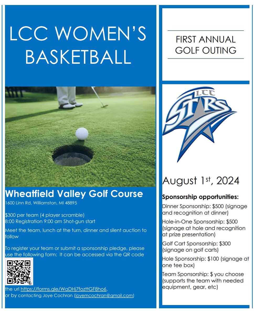 Join the LCC Stars Women’s Basketball team at our first annual Golf Outing ⭐️ Your support is needed to grow our program! We look forward to spending a fun filled day with our amazing Lansing community! Go Stars 🤩
forms.gle/Jkr9E9Wnqe8rBG…