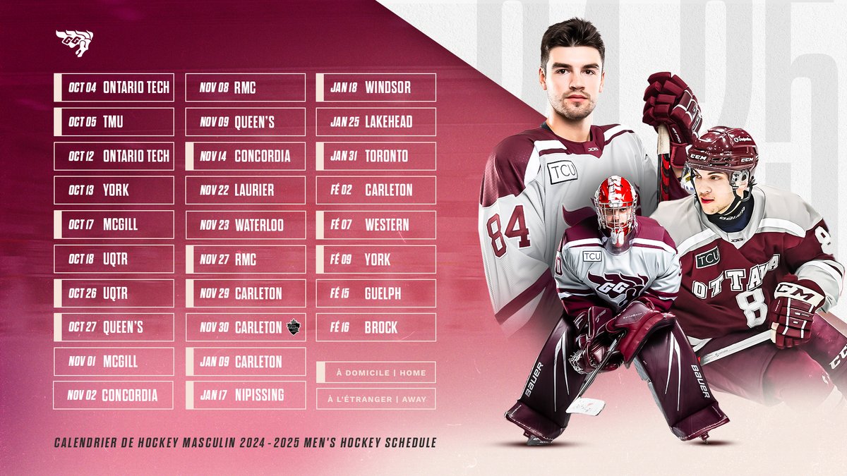 Le chemin vers la Coupe universitaire à la Place TD est tracé! 🏆 
 
Consultez notre calendrier <a href="/OUAsport/">Ontario University Athletics</a> 2024-2025! 📆 La saison de #HorseHockey s’annonce toute spéciale! 🐎