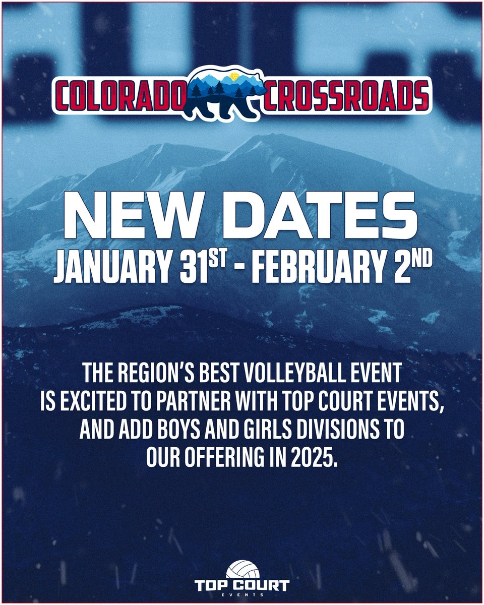 NEW dates for Crossroads: January 31-February 2, 2025!! Colorado Crossroads with Top Court Events and will be hosting 21 girls divisions AND 10 boys divisions. Can’t wait to see everyone under the Big Blue Bear!