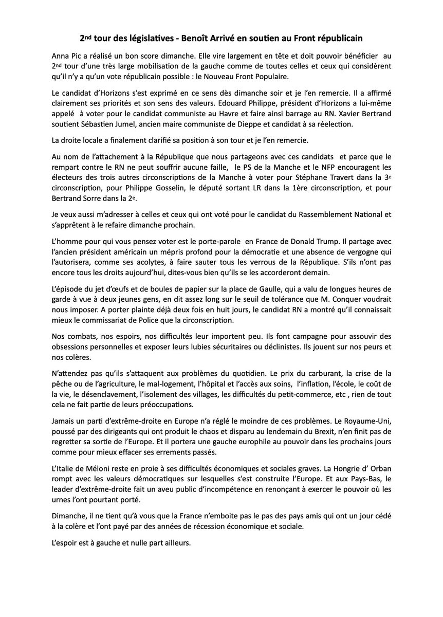 🗳️ 2nd tour des législatives : 
Soutien au Front républicain ⤵️