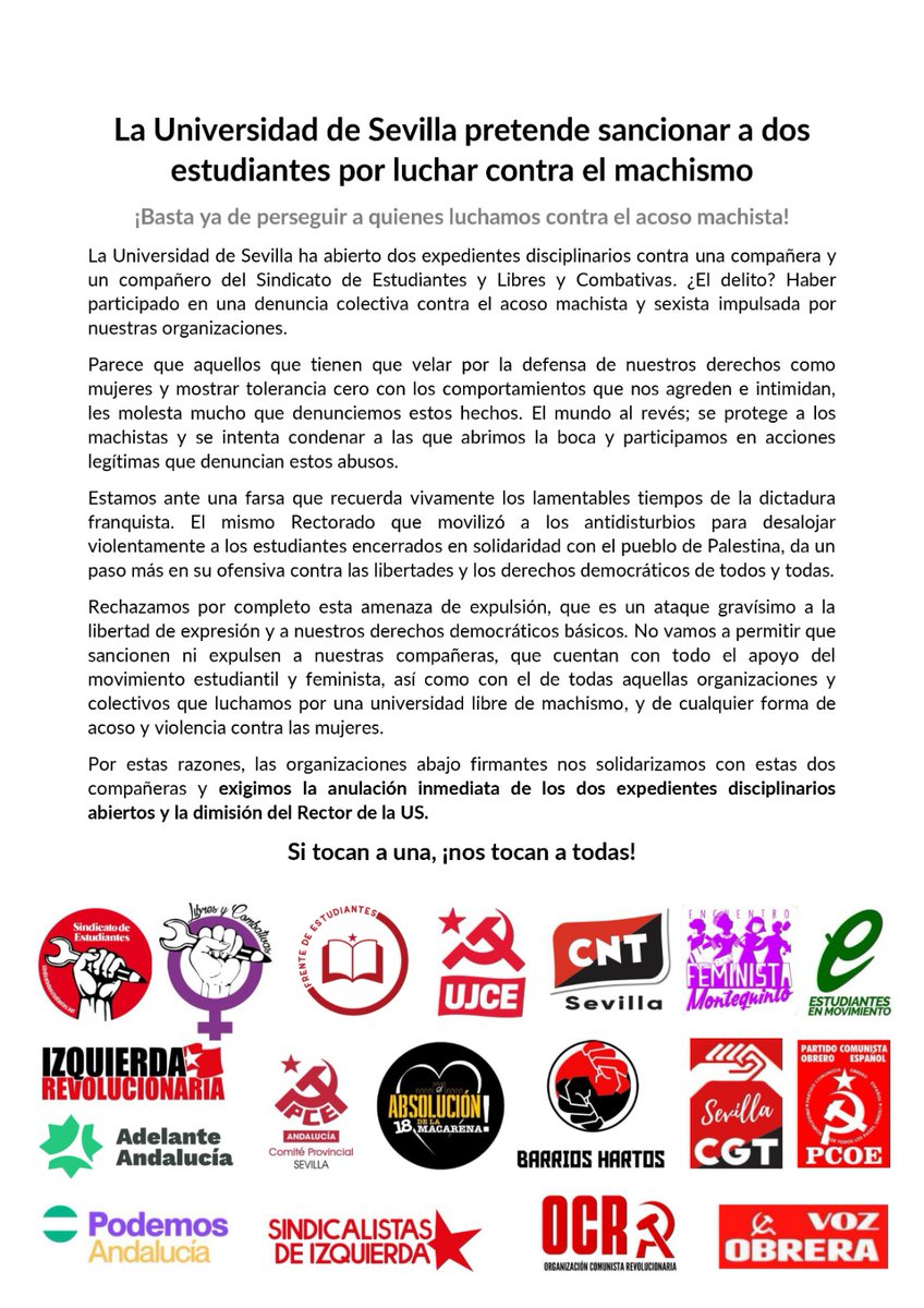 🟣 COMUNICADO| La <a href="/unisevilla/">Universidad de Sevilla</a> pretende sancionar a dos estudiantes por luchar contra el machismo

"La US  ha abierto dos expedientes disciplinarios contra dos compañeras  del SE y LyC. ¿El delito? Haber participado en una denuncia colectiva contra el acoso machista y sexista"
👇🏻