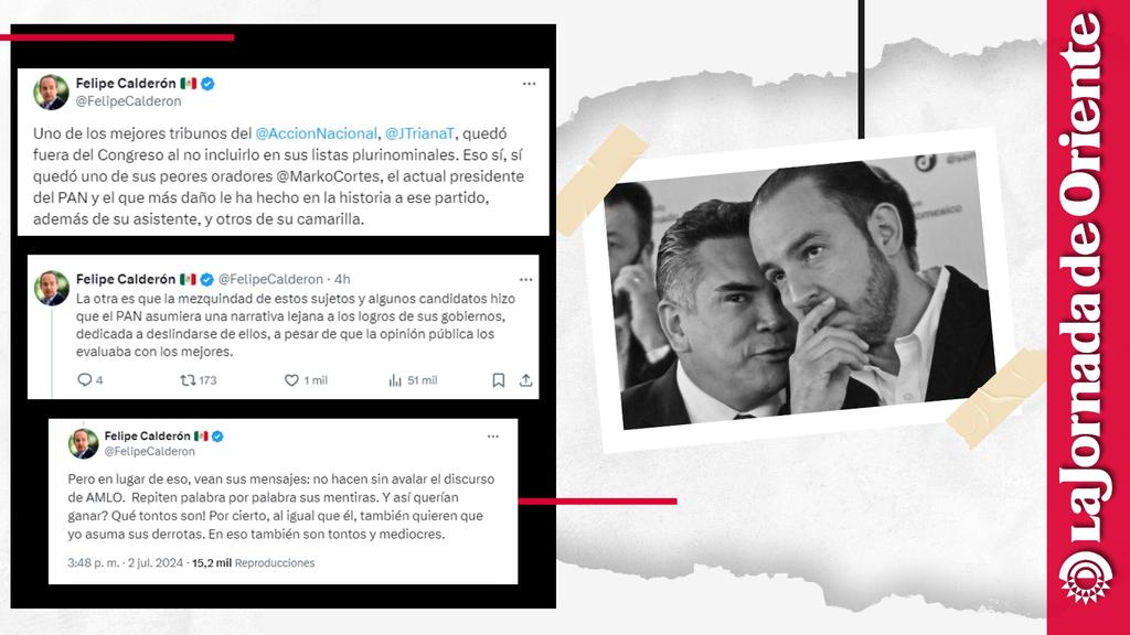 JOrienteTlax's tweet image. 🗣️👁️#NoTeLoPodesPerder|Marko Cortés y Felipe Calderón se enfrentan en redes sociales ante creciente crisis en el PAN
El expresidente calificó al dirigente del PAN como“el que más daño le ha hecho en la historia a ese partido”;Cortés lo acusó de provocar“la peor caída de votación”