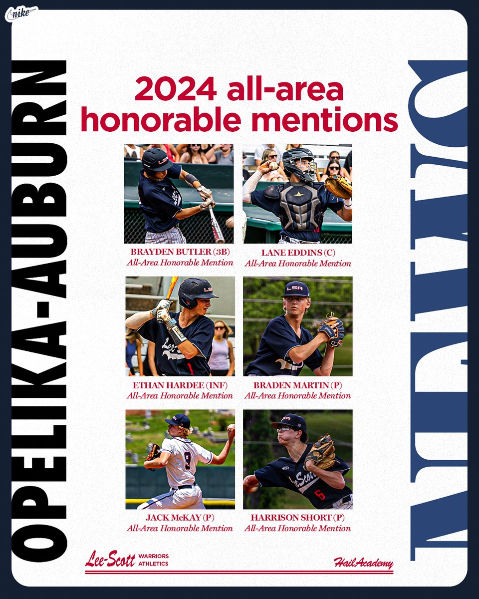 Congratulations to Coach Cook and these Warrior baseball players for being honored with All-Area designations by the Opelika-Auburn News!

#HailAcademy🍢