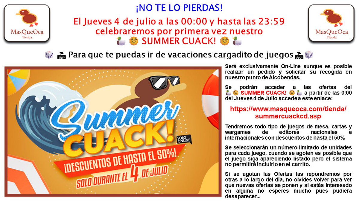 LudoVeritas's tweet photo. Vamos 💪🏼
Recordad que esta noche a las 00:00 empieza en la Web de @MasQueOcaTienda el
🦆☀️ SUMMER CUACK ! ☀️🦆
Enlace y más información en:
https://t.co/NrRevvsH5D
#SummerCuack
#Masqueoca
#juegosdemesa
#juegosdecartas
#wargames
#ofertas https://t.co/uEwND4kNR2
