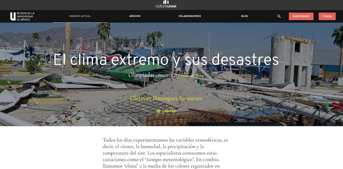 Los invito a leer el artículo "el clima extremo y sus desastres" que pertenece al número de julio de la revista <a href="/revista_unam/">Revista de la Universidad</a>. ¡Muchísimas gracias a <a href="/sandra_barba/">Sandra Barba</a> por su edición y su invitación! 😄
Puedes checarlo aquí: 👇
revistadelauniversidad.mx/articles/36128…