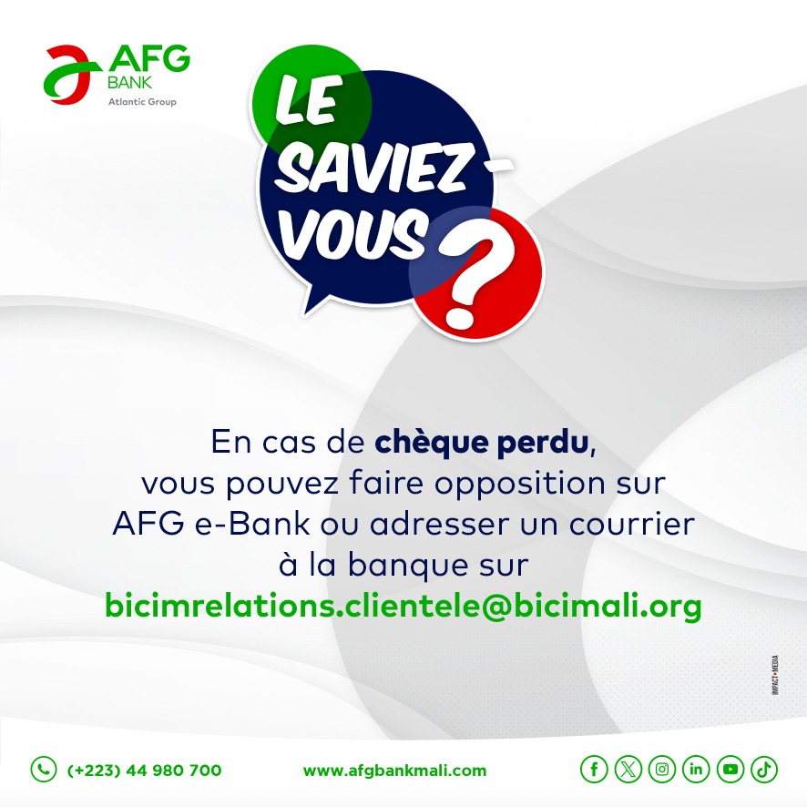 afgbankmali's tweet image. En cas de chèque perdu, vous pouvez faire opposition facilement sur AFG e-Bank ou envoyer un courrier à bicimrelations.clientele@bicimali.org. 
Protégez vos finances rapidement et efficacement ! 

#SécuritéFinancière #AFGeBank #ProtégezVosChèques #AFGBank