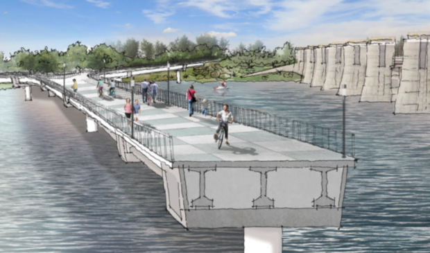 Civilitude's tweet photo. Construction has officially begun for the Longhorn Dam Bridge off of north Pleasant Valley Road. The “wishbone” shape will connect three different points of the Butler Hike and Bike trail, creating a north-to-south connection on the east side of the trail. https://t.co/KbuOoXEf3o