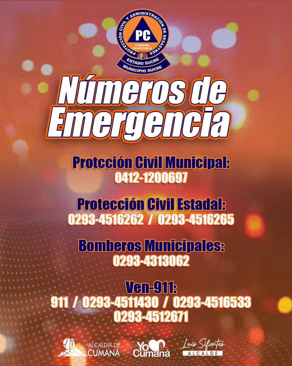 YO❤️CUMANÁ
#03Jul | Sistema Nacional de Gestión de Riesgo

Desde PCivil Cumaná te recordamos los números de emergencias de los entes ubicados en nuestra ciudad, ante cualquier eventualidad no dudes en llamar y comunicarte.

La prevencion es tarea de todos y en estos tiempos.