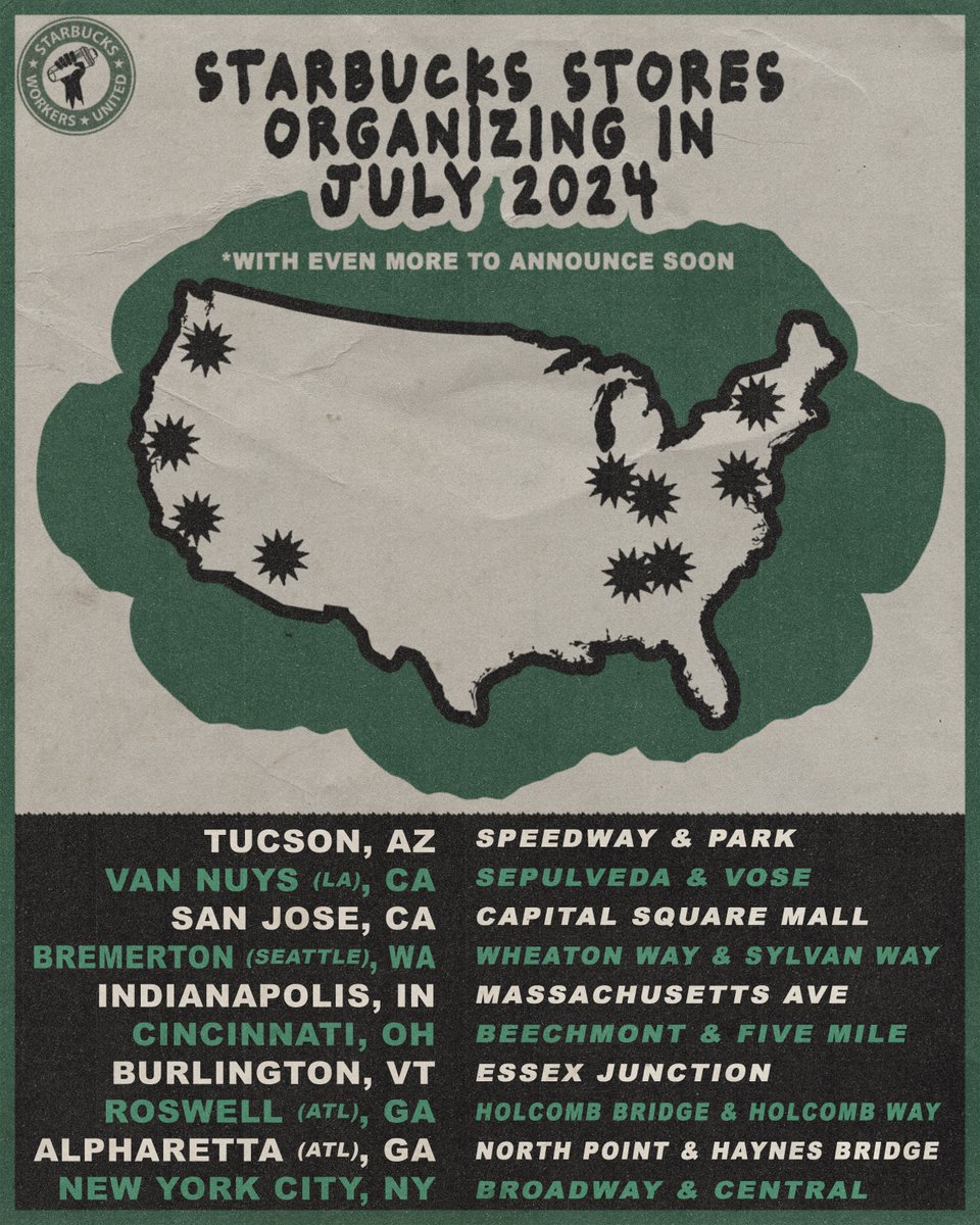With the progress we're making toward the foundation of our union contracts, there’s never been a better time to organize - and these stores that are going public today prove it.

We're over 460 union stores strong and workers are NOT stopping anytime soon. 🔥 Let's go!!!!