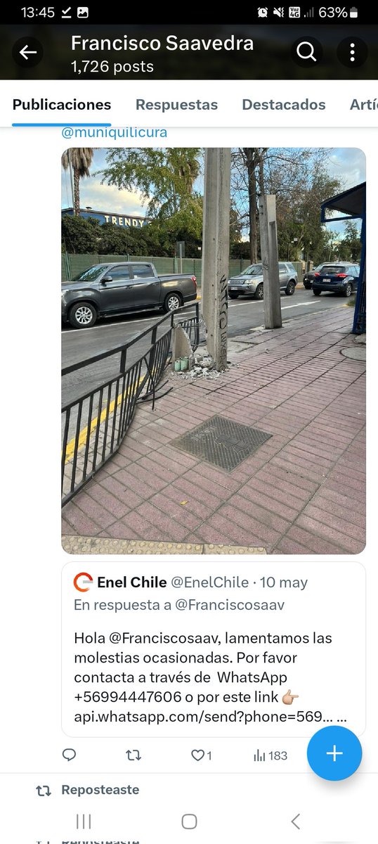 Franciscosaav's tweet photo. @EnelChile @SEC_cl  @muniquilicura @AlertaQuilicura @24HorasTVN @biobio @chvnoticias Solicitud realizada 10 de Mayo, Cero Respuesta¡Riesgo de Caida Poste Inminente! #Quilicuraa Calle Lo Zañartu con Manuel Antonio Matta https://t.co/zp79Wp9a5h
