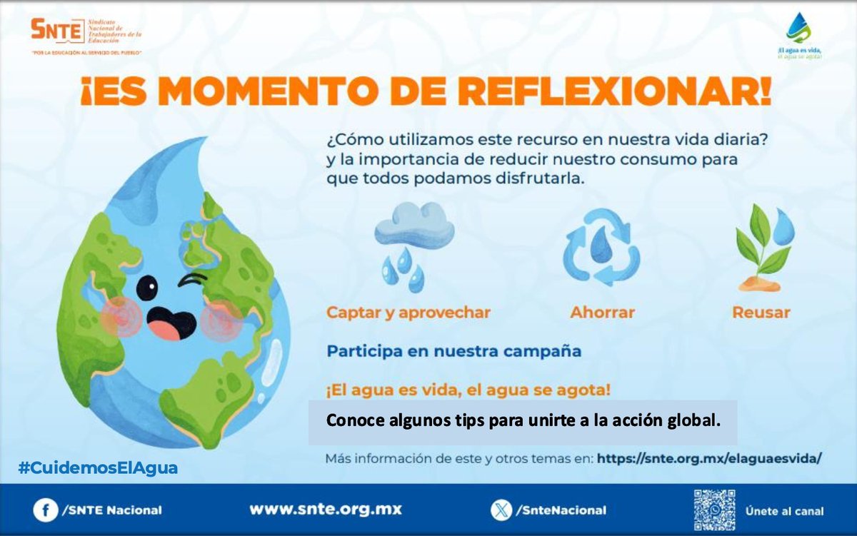 ¡𝗘𝗹 𝗮𝗴𝘂𝗮 𝗲𝘀 𝘃𝗶𝗱𝗮, 𝗲𝗹 𝗮𝗴𝘂𝗮 𝘀𝗲 𝗮𝗴𝗼𝘁𝗮! 

🤔 Es hora de reflexionar cómo reducir el consumo y utilizar el agua.
🧐 Encuentra algunos tips y únete a la acción global.
¡Sé parte de esta campaña!
Entra 🔗👇
 acortar.link/XeFQtW
 #CuidemosElAgua💧