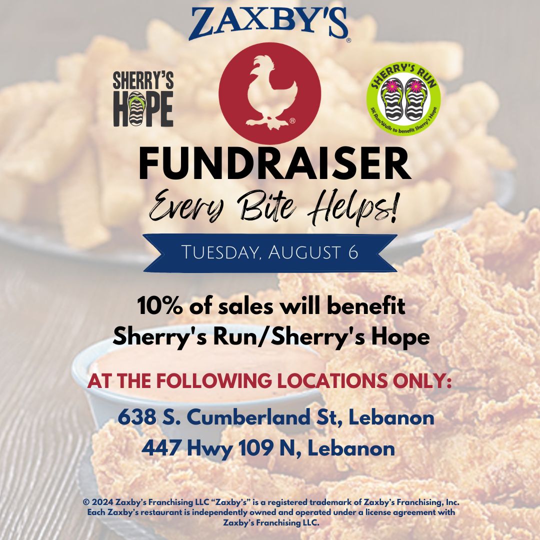 SherrysHope_TN's tweet photo. Get ready for another delicious fundraiser! 🥳

Tuesday, August 6th come out to Zaxby's! 10% of sales from the S. Cumberland St. and Hwy 109 locations will go back to Sherry's Run/Sherry's Hope! We are so thankful for Zaxby's and their continual support! 💚🍽 https://t.co/u2Jbcaf6iY