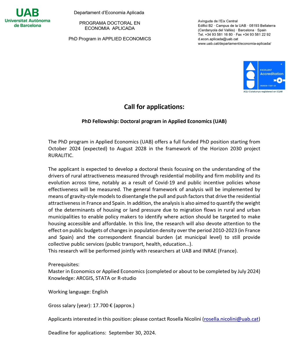 📯 FULLY FUNDED PHD FELLOWSHIP <a href="/GEAR_PhD/">PhD Program in Applied Economics - UAB</a> (4 YEARS)

📖 Topic: Understanding of the drivers of rural attractiveness

🔰 Starting from October 2024 at <a href="/ecapUAB/">Dep Economia Aplicada UAB (@ecapuab.bsky.social)</a> (Barcelona, Spain)

📅 Deadline for applications: September 30, 2024

📧 Contact: rosella.nicolini@uab.cat

#EconTwitter