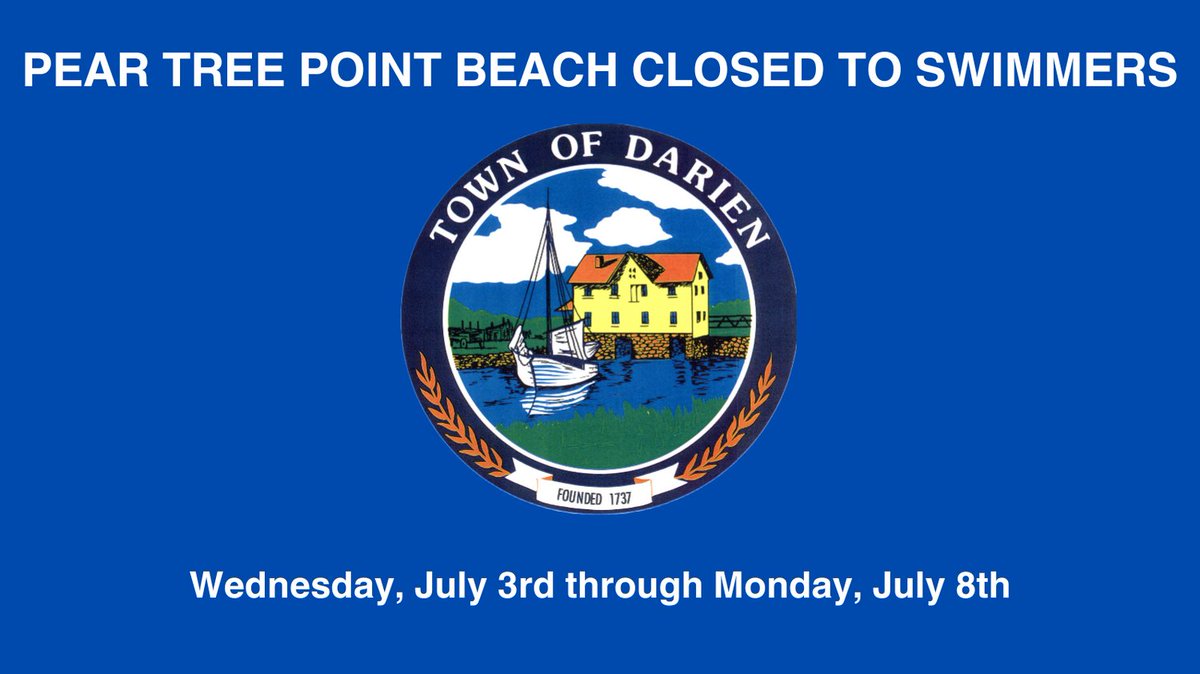 Pear Tree Point Beach closed to swimmers 7/3-7/8 due to a poor water quality test by a local state-certified lab. New test results will be available 7/9. Details on Town of Darien website. Weed Beach remains OPEN to swimmers.