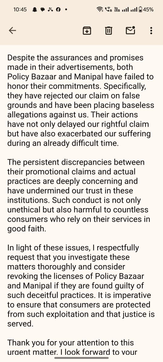 NikitaGupt32203's tweet photo. @policybazaar @ManipalCigna #FalseClaims #costomerService https://t.co/Bp8eVvETeB