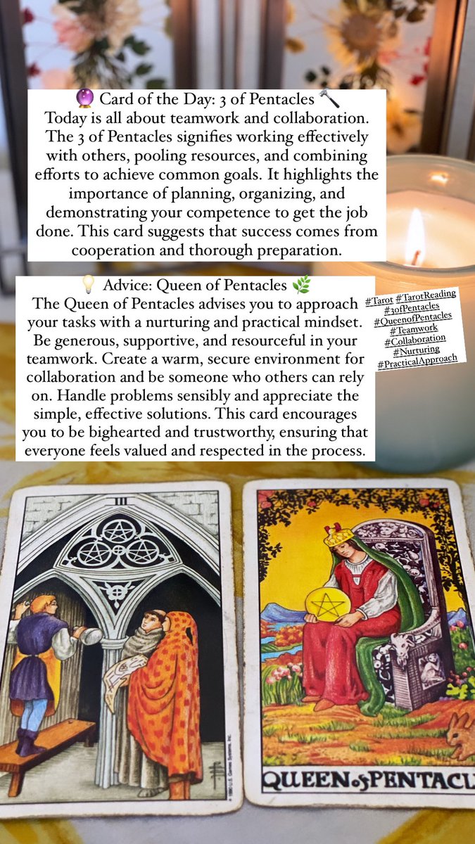 mrsnorawallace's tweet image. 💫Your Daily Tarot

Combine teamwork with a nurturing and practical approach. Focus on collaboration, be generous and supportive, and ensure that your efforts are well-organized and grounded.

#Tarot #TarotReading #3ofPentacles #QueenofPentacles #Teamwork #Collaboration