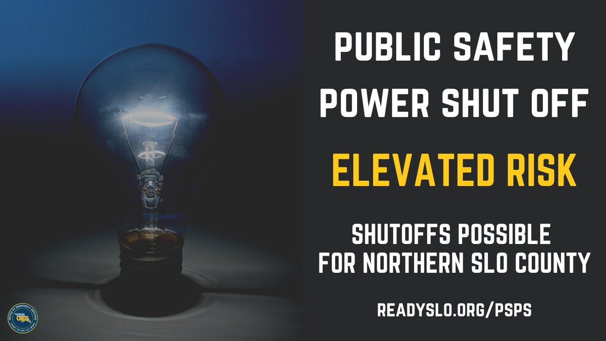 slocountyoes's tweet photo. Potential Public Safety Power Shutoff (PSPS) starting Friday for multiple areas in northern SLO County! Don't be caught off guard - stay information and ensure you have a plan in place. For more info visit https://t.co/akEcHMguOA https://t.co/N2nKB9HYa0