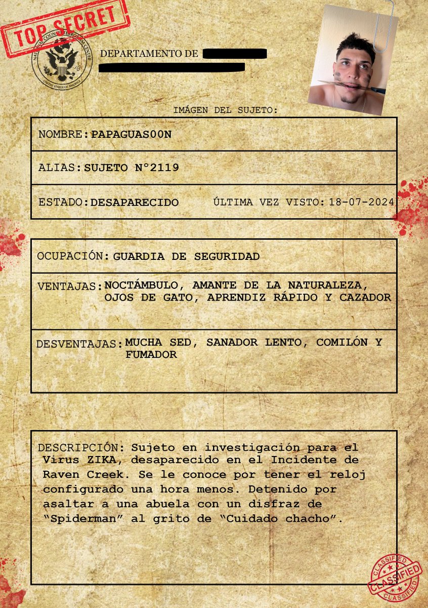 SUJETO Nº2119:

De nacionalidad canaria, este sujeto tiene ciertas capacidades para sobrevivir a la infección, aunque quizás llegue 1 hora antes a cualquier entrega de suministros... <a href="/emiliogaarciia/">PAPAGUAS00N</a>