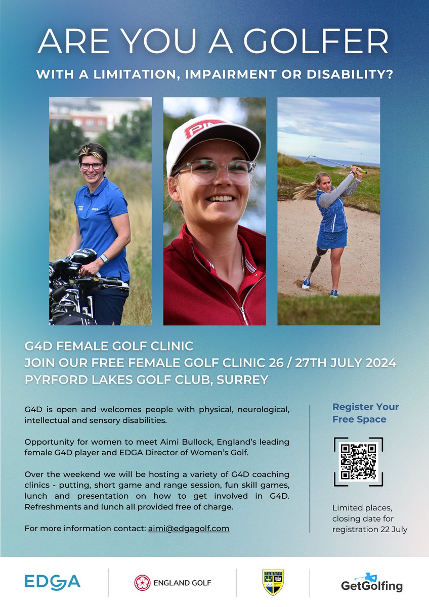 Surrey Womens Golf (@surreywomengolf) on Twitter photo Join G4D golfer Aimi Bullock for female G4D golf clinics on 26th & 27th July at Pyrford Lakes. Contact aimi@edgagolf.com for more info. Join G4D golfer Aimi Bullock for female G4D golf clinics on 26th & 27th July at Pyrford Lakes. Contact aimi@edgagolf.com for more info.