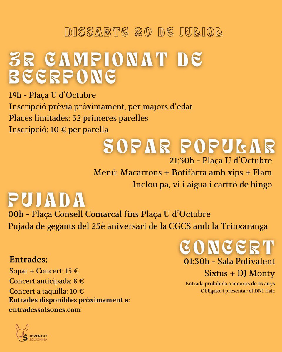 💥SOLSONA, JA TENIM AQUÍ EL CAP DE SETMANA JOVE!🎉

🤩Enguany, el Cap de Setmana Jove s’estén també a dijous i comptarà amb tres dies plens d’activitats adreçades a tots els públics.
Les inscripcions als tornejos i entrades s’aniran publicant aquests dies! Estigueu atents❗️