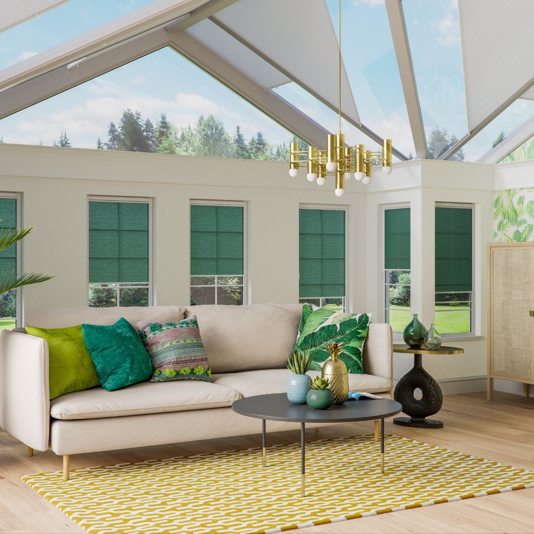 We love this combination of bright green Duette Energy Saving Blinds and white sofa within this conservatory – which makes it ideal for use all year round. 

Contact us for a personalised consultation today! apollo-blinds.co.uk/find-your-apol… 

#DuetteEnergySavingBlinds #ConservatoryDesign
