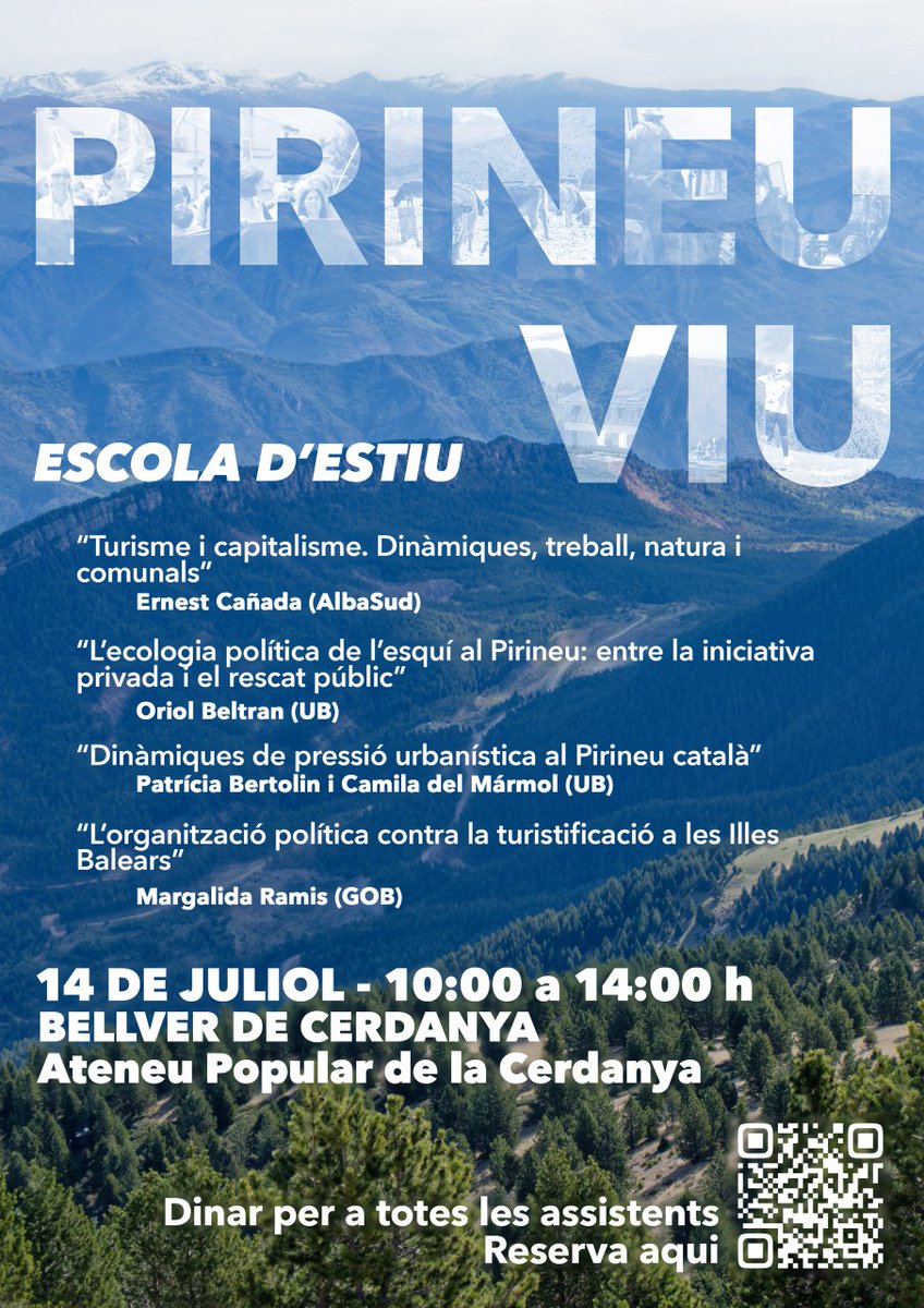 Escola 🏖️ d'estiu 'Pirineu Viu' parlem de gentrificació al Pirineu.

📅 El diumenge 14 de juliol
🕙 10h a 14h 
📍Ateneu de la Cerdanya (Bellver de Cerdanya)

'Instruïu-vos, perquè necessitarem tota la nostra intel·ligència" A. Gramsci

Ens veiem allà! 😉