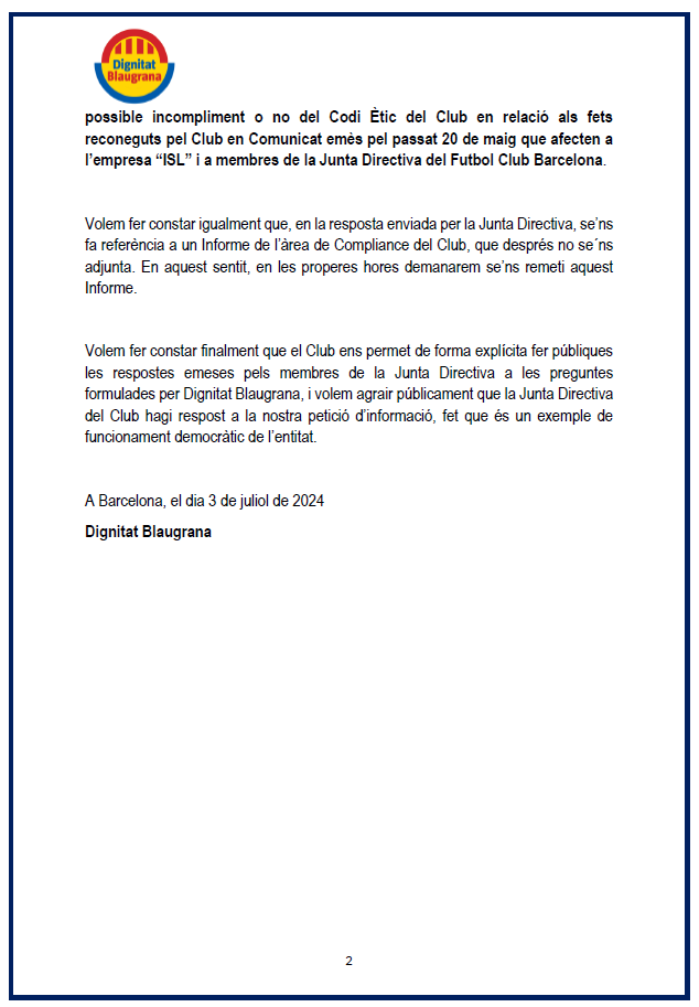 Aquesta tarda, des de Dignitat Blaugrana hem demanat al Síndic dels Socis formuli consulta a la Comissió d'Ètica i Transparència perquè determini un possible incompliment del Codi Ètic en l'assumpte ISL