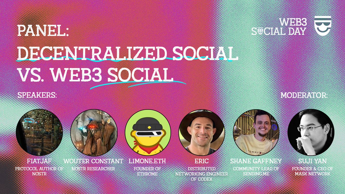 Panel preview at #ETHCC Web3 Social Day!

⛱ ️Topic: Decentralized Social vs. Web3 Social
⏰ Time: 4:20 pm - 5:10 pm

🎙️ Speakers: 
- <a href="/fiatjaf/">NostrAdamus</a> (Protocol Author of Nostr)
- Wouter Constant (Nostr Researcher)
- Eric <a href="/ericmastro/">E</a> (Distributed networking engineer of <a href="/Codex_storage/">Logos Storage (prev. Codex)</a>)
-