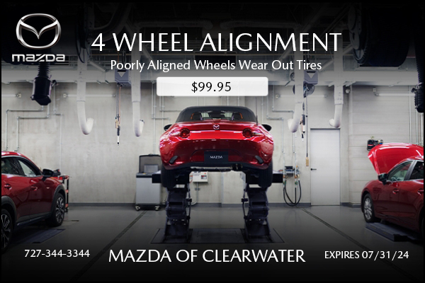 Clearwatermazda's tweet image. The Choice Is Clear. Come see us by the end of July for a great deal on services.

Come see us for a 4-wheel alignment for $99.95.

More Information: mazdaofclearwater.com/service/

#4WheelAlignment #ServiceSpecials