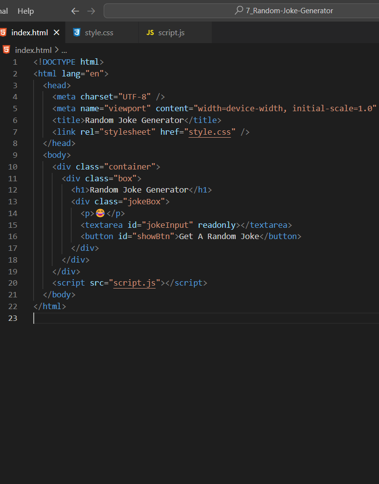 dev_ajay_87's tweet photo. Hey #developer ,
 I have created a "Random Joke Generator". This web app  will generate a random joke using an API 

Source Code🔗: https://t.co/GmQcHpxF3h

 #js #project #randomjokegenerator https://t.co/ShA2KuBTp4