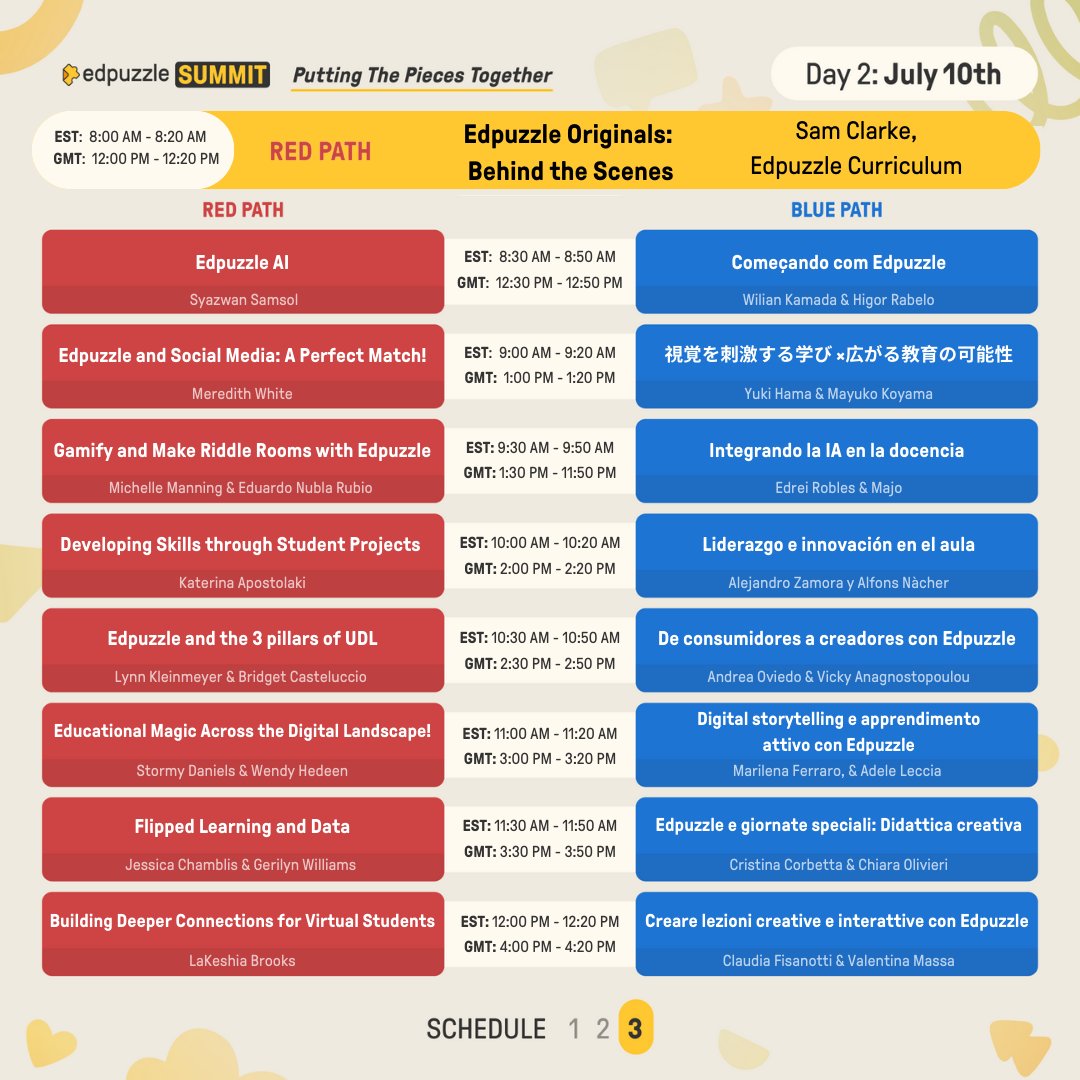 edpuzzle's tweet image. 🌟 The full schedule for #EdpuzzleSummit is here! 🌟

We’re excited to unveil ALL of the innovative sessions that you can attend!✨

🗓️ July 9th &amp;amp; 10th
✨ 40+ workshops &amp;amp; interactive sessions

6 days left, register now and secure your spot! 🎟️ - bit.ly/3Vw5cP7