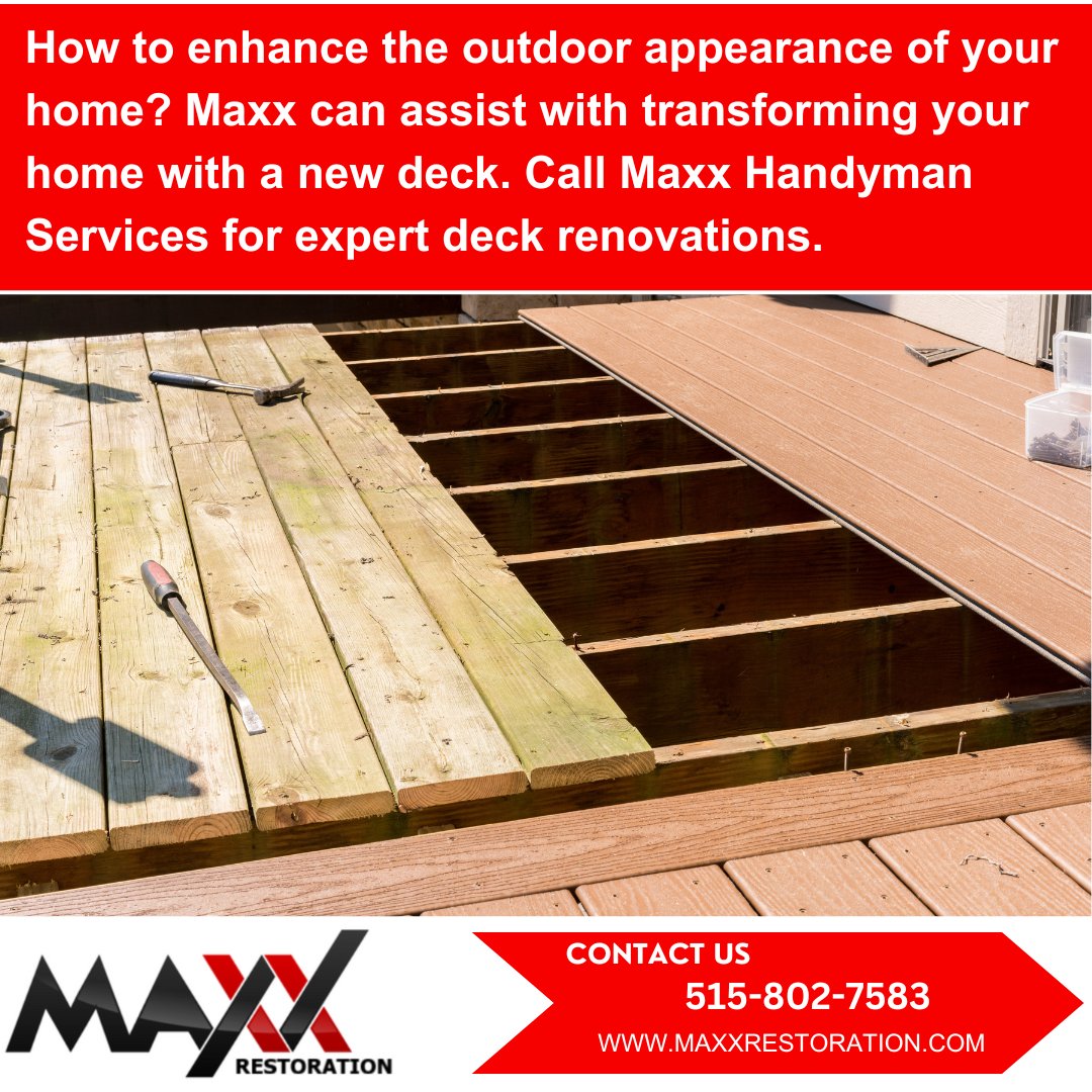 MaxxRestoration's tweet image. Look no further! At Maxx Restoration of Des Moines, we specialize in professional deck replacement services.  Contact us today 515-802-7583 start enjoying your new deck 🔨
#DeckReplacement #MaxxRestoration #DesMoines #HomeImprovement #OutdoorLiving
maxxrestoration.com/des-moines-iowa