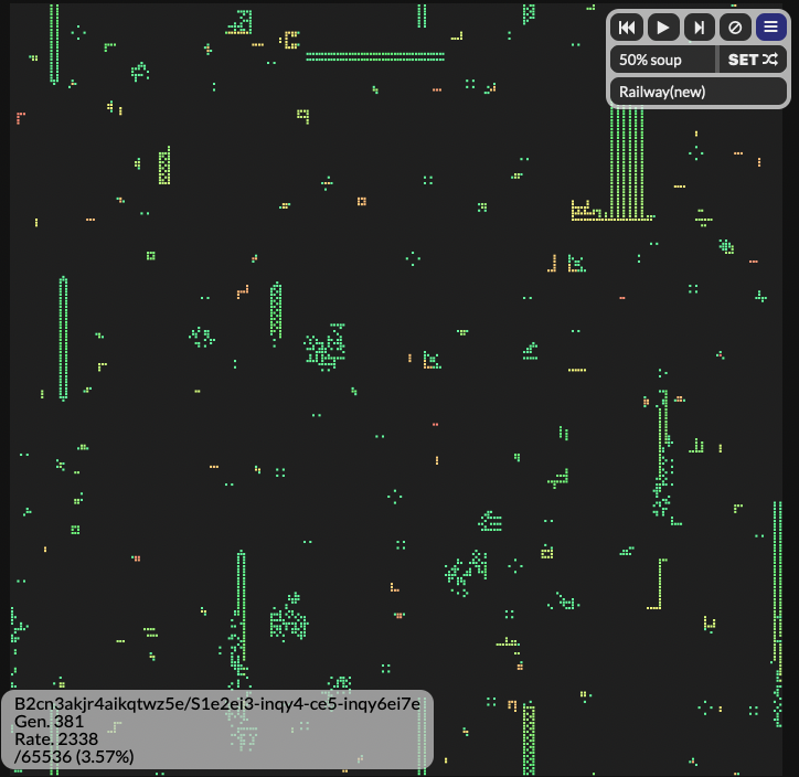 ichimonji_haji's tweet image. #cellularautomaton #セルオートマトン
codepen.io/ichimonzi/full…
こいつには「Railway」と名付けてセットリストに登録しておいた。前紹介した時間違えてて、正しいルールストリングは「B2cn3akjr4aikqtwz5e/S1e2ei3-inqy4-ce5-inqy6ei7e」でした。いまだに移動物体は見つけてない。。。。。