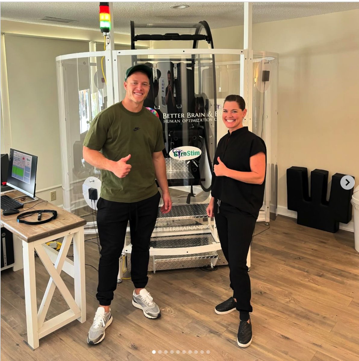 GyroStim's tweet photo. Shout out to Dr. Alicia M Brown at Better Brain &amp; Body for her work with NFL superstar Christian McCaffrey. Just another day at the office...
#athleticperformance #sf49ers #happywedding #betterbrainandbody #christianmccaffrey #SF49 https://t.co/dmUmTKbyzK