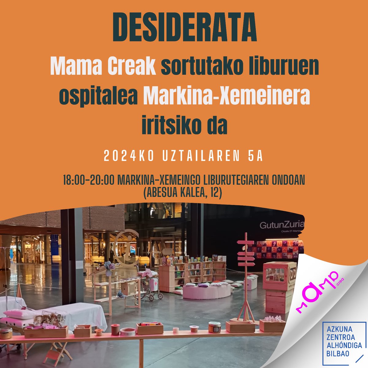 MamaCrea_'s tweet photo. Desiderata: Mama Creak sortutako liburuen ospitalea Markina Xemeinera iritsiko da.
 
Liburuen irakurketa eta konponketaren bidez zainketen garrantziaz gogoeta egitera bultzatzen duen murgiltze-esperientzia.

➡️ https://t.co/In9z0d27WA

#MamaCrea  @MarkinaXemein https://t.co/MrMYH6cLij