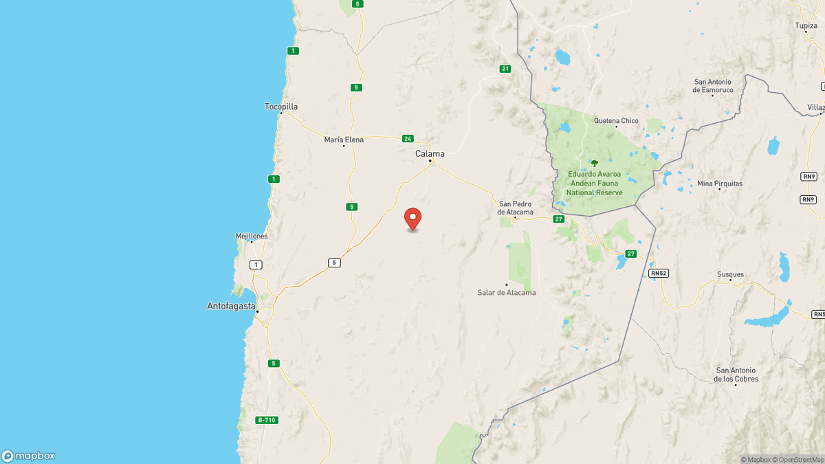 QuakeAlerts's tweet photo. A magnitude 5.5 earthquake took place 65km South of Calama, Chile at 18:20 UTC (4 minutes ago). The depth was 105km and was reported by EMSC. #earthquake #earthquakes #Calama #Chile https://t.co/f5fZpk705C