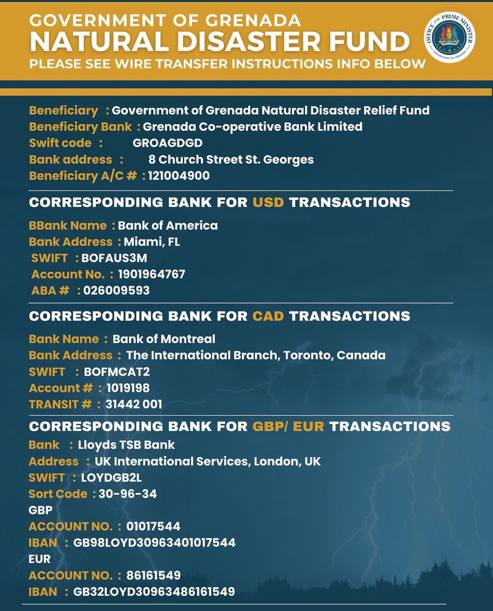 Official wire instructions for the Grenada Natural Disaster Fund: Relief for Petite Martinique, Carriacou, and Grenada after Hurricane Beryl. Details for USD, CAD, and GBP/EUR transactions on the flyer. Thank you for your support! #GrenadaRelief #HurricaneBeryl 🇬🇩🙏🏽❤️