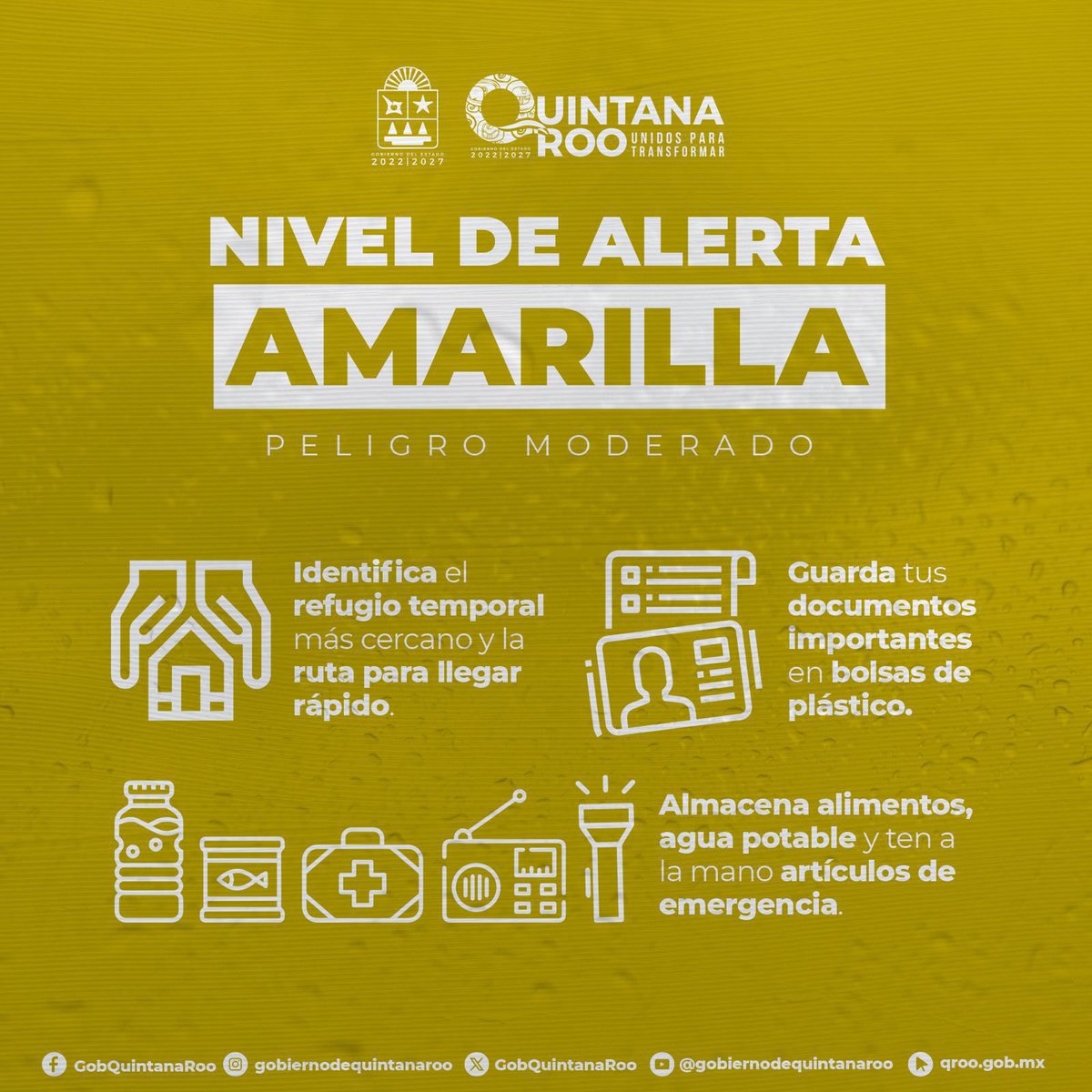 MaraLezama's tweet photo. ⚠️ ¡Actualización huracán #Beryl, categoría 4! Continuamos en #AlertaAmarilla, #PeligroModerado 🟡, por el acercamiento del huracán Beryl a nuestras costas. 🌀

El centro del huracán Beryl de categoría 4 en la escala Saffir-Simpson se localiza a 70 km al sur de Kingston, Jamaica, y a 1,125 km al este-sureste de #Cancún, #QuintanaRoo. Presenta vientos máximos sostenidos de 225 km/h, rachas de 270 km/h y desplazamiento hacia el oeste-noroeste a 30 km/h. 

Por el momento el sistema no afecta a costas nacionales, sin embargo, se mantiene zona de prevención por efectos de huracán desde Puerto Costa Maya hasta Cancún, Quintana Roo; zona de vigilancia por efectos de huracán desde #Chetumal hasta Puerto Costa Maya y desde Cancún hasta Cabo Catoche, Q. Roo.; y zona de vigilancia por efectos de tormenta tropical desde Cabo Catoche, Quintana Roo hasta Campeche, Campeche.

Se prevé que a partir del día jueves, las bandas nubosas de “Beryl” ocasionen lluvias intensas a puntuales torrenciales, rachas fuertes de viento y oleaje elevado en la Península de Yucatán.

Además, la zona de baja presión asociada con una onda tropical, MANTIENE 🟨 10% de probabilidad
para desarrollo ciclónico en 48 horas y 20% en 7 días. Se localiza al este de las Antillas Menores, aproximadamente a 2,960 km al este de las costas de Quintana Roo y se desplaza hacia el oeste a una velocidad entre 37 y 46 km/h.

Les invitamos a tomar precauciones y mantenerse informados a través de medios oficiales. @CNPC_MX @conagua_clima @ProtCivil_QRoo
