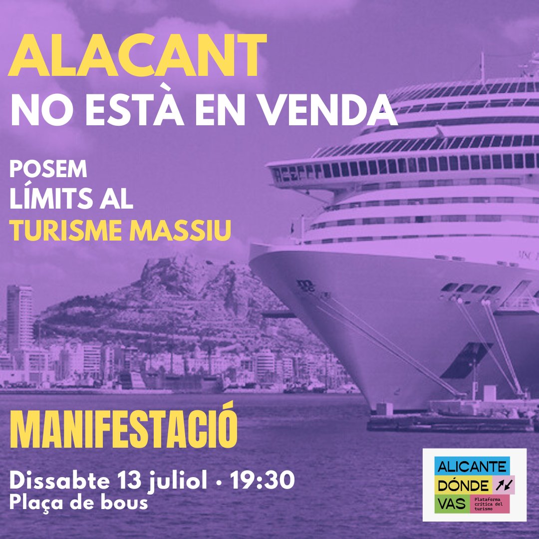 Alacant no està en venda!
El Casal Popular Tio Cuc ens sumem a la crida que demana aturar el turisme massiu a la nostra ciutat.

Per una Alacant amb identitat pròpia, patrimoni, entorn natural i arrelada al territori.

13 de juliol a les 19.30 h ⬇️