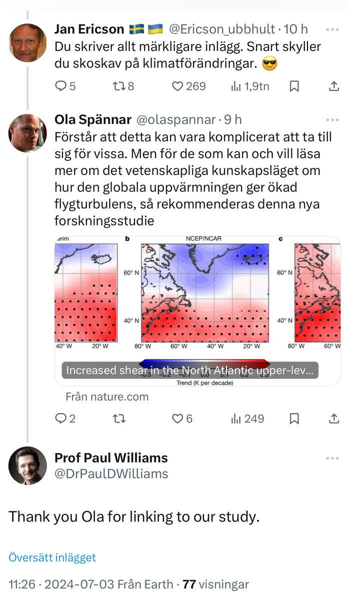 Den här var lite lustig. Skrev om en ny otäck incident med kraftig turbulens som tvingade plan att nödlanda. Moderaternas ökända klimatförnekare Jan Ericson gör sig lustig. Jag länkar till en forskningsrapport. Då dyker forskaren plötsligt upp.