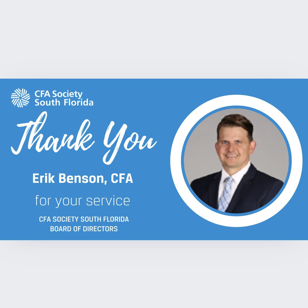 Seth Mitchell, Kamran Fotouhi, Leonardo Gonzalez, and Eric Benson have been an instrumental part of CFA Society South Florida over the course of their terms. 

Thank you all so much for all you have done for us, we wish you the best!